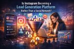 Illustration showing Instagram evolving into a lead generation platform, featuring an Instagram business account profile with Email, Contact, Book Now buttons, analytics dashboard, and a digital funnel converting followers into business leads.