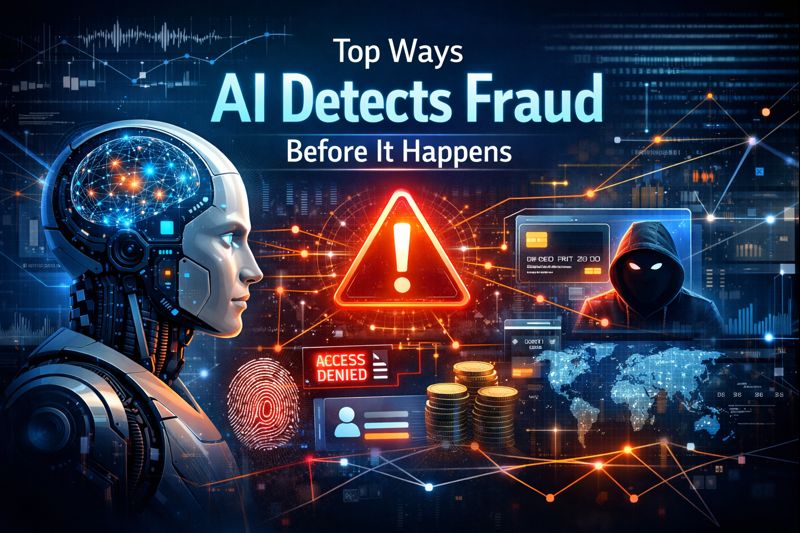 Top ways AI detects fraud before it happens. AI-powered fraud detection. Artificial intelligence analyzing digital transactions, warning alerts, cyber threats, and financial data to prevent online fraud before it happens.