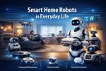 A modern American living room showcasing smart home robots in everyday life, featuring a humanoid household robot holding folded towels, robotic vacuum cleaners on the floor, a home security robot, and a hovering smart drone, illustrating AI-powered home automation, cleaning, security monitoring, and personal assistance in a connected smart home environment.