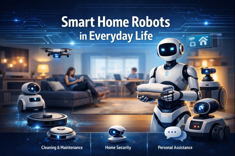 A modern American living room showcasing smart home robots in everyday life, featuring a humanoid household robot holding folded towels, robotic vacuum cleaners on the floor, a home security robot, and a hovering smart drone, illustrating AI-powered home automation, cleaning, security monitoring, and personal assistance in a connected smart home environment.