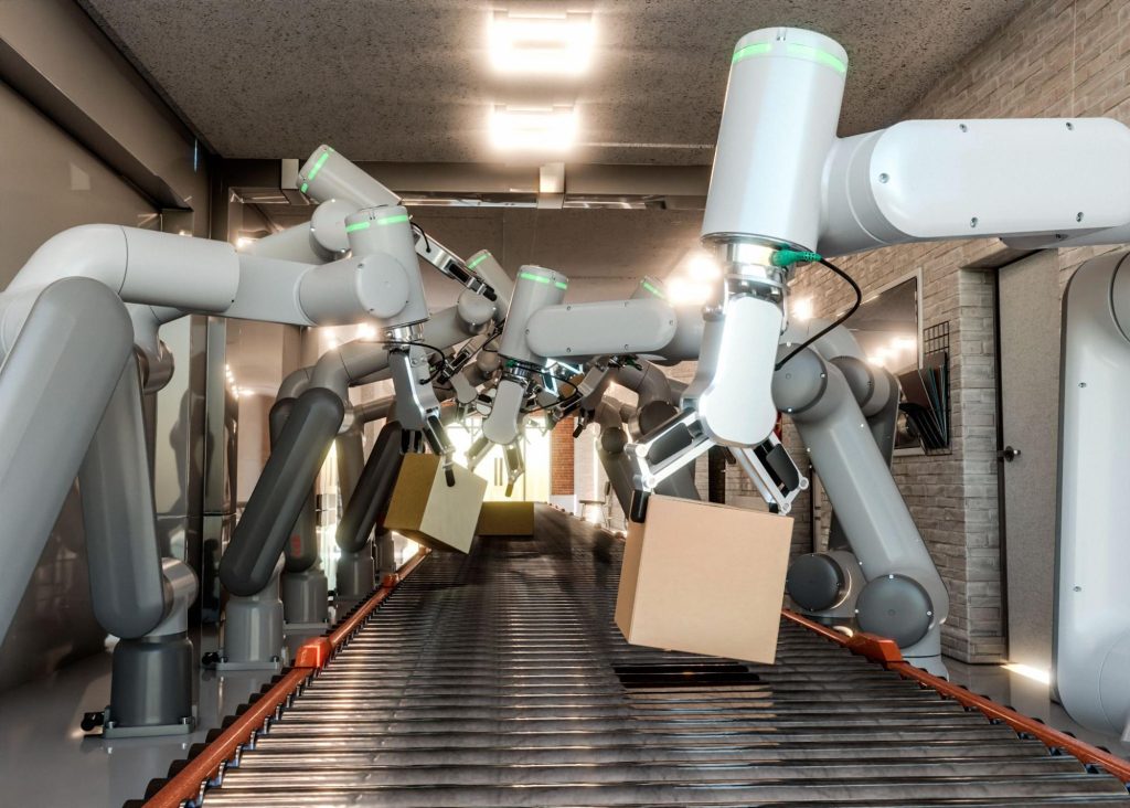 Supply Chain Robotic Process Automation, Machine robotic robot arm hand, AI Automation concept with assembly line robots.