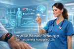 Confident nurse interacting with a transparent holographic AI dashboard displaying vital signs, heart rate, SpO2, and glucose trends in a futuristic high-tech hospital environment, illustrating how AI and wearable technologies are transforming nursing in 2026.