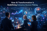 AI transformation visual showing enterprise leaders using predictive analytics dashboards and artificial intelligence to improve data-driven decision-making.
