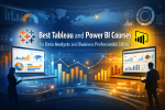 Featured image illustrating Best Tableau and Power BI Courses for Data Analysts and Business Professionals (2026) showing Tableau and Microsoft Power BI dashboards on modern laptops, connected by glowing analytics graphs, bar charts, and a digital world map in a futuristic blue-and-gold business intelligence theme.