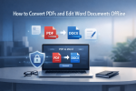 Modern digital workspace showing PDF to Word conversion and offline document editing on a laptop screen, with visual icons representing PDFs transforming into DOCX files, highlighting privacy, security, and offline productivity.