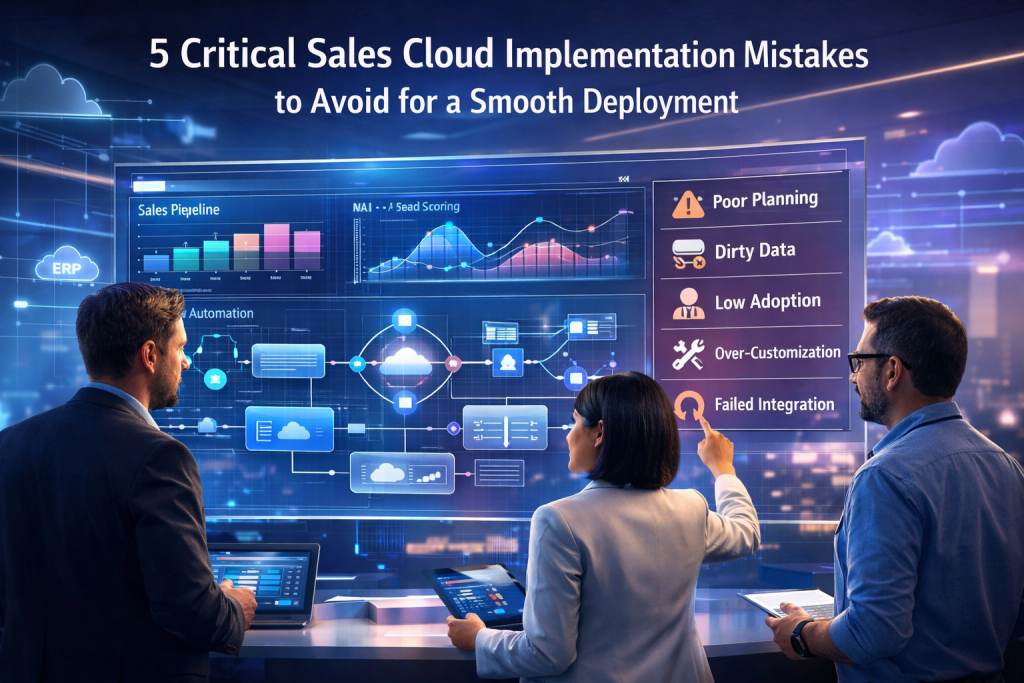 Modern enterprise command center featuring a holographic CRM dashboard displaying sales pipeline analytics, AI lead scoring graphs, workflow automation diagrams, and integration flowcharts, as a team of business professionals review Salesforce Sales Cloud implementation mistakes including poor planning, dirty data, low user adoption, over-customization, and failed system integrations.