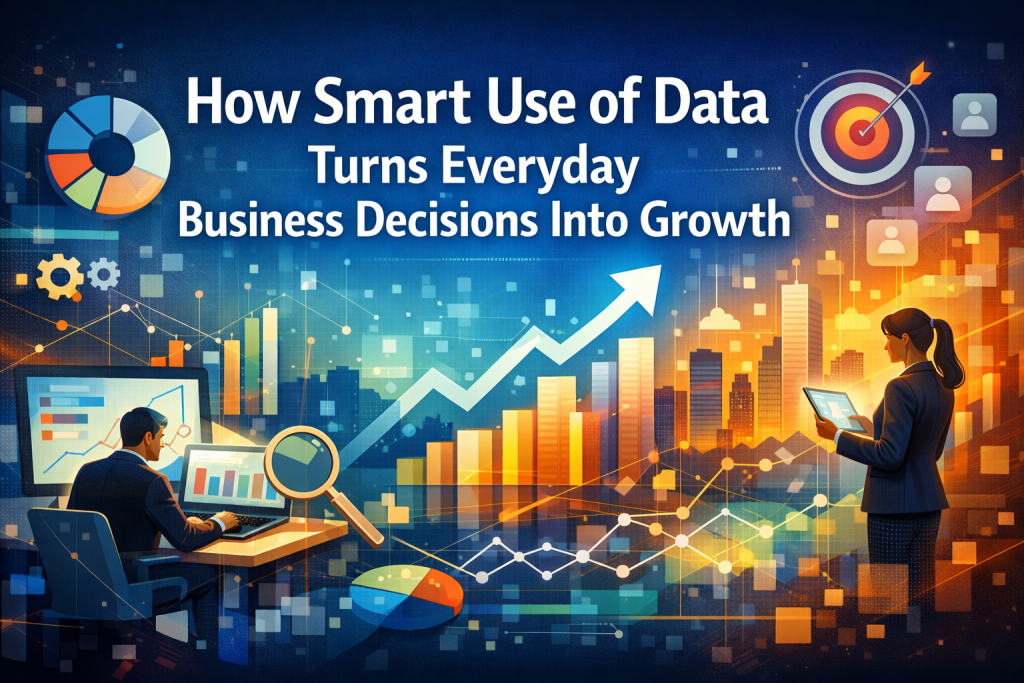 Business growth concept featured image with data analytics dashboards, performance charts, and upward arrow visualizing how smart data use transforms everyday business decisions. Two business professionals reviewing analytics on laptop and tablet screens against a cityscape with data charts and a rising arrow symbolizing growth. 