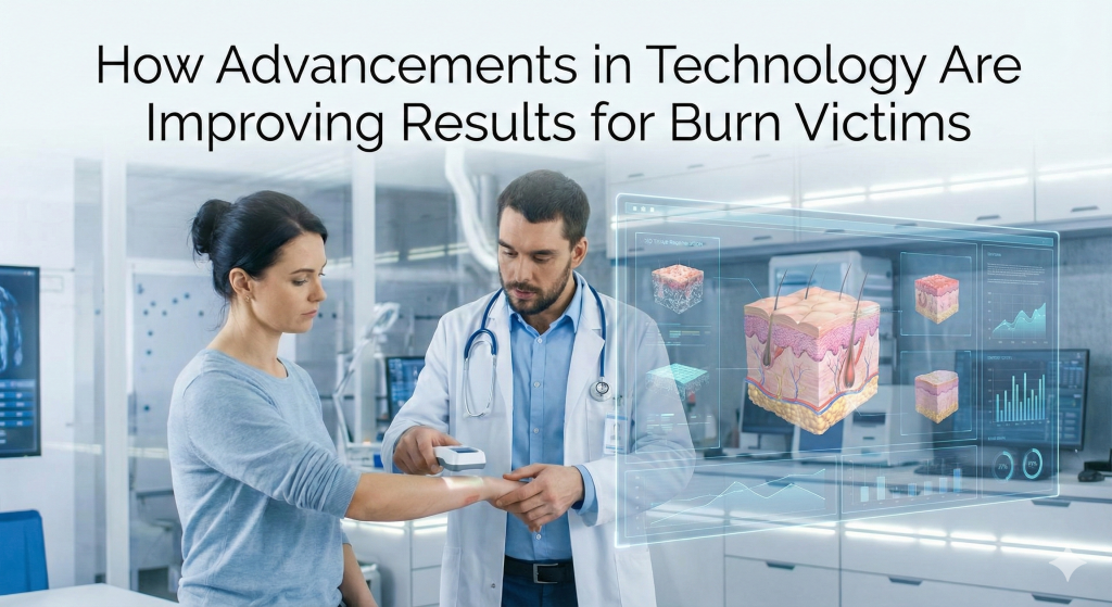 A male doctor with a stethoscope around his neck uses a handheld diagnostic scanner on the forearm of a female patient in a modern clinical laboratory. A large, transparent holographic display next to them shows detailed 3D visualizations of human skin cross-sections, including hair follicles and blood vessels, alongside medical data charts. The title text How Advancements in Technology Are Improving Results for Burn Victims is clearly displayed at the top of the image. This scene illustrates advanced medical technology and wound care analysis for burn treatment.