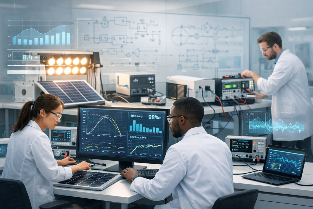 Researchers working in a high-tech university solar research laboratory analyzing photovoltaic panel performance using diagnostic instruments and real-time data visualizations, including I–V curves, efficiency graphs, and MPPT analytics, with solar simulator lighting and inverter testing equipment.
