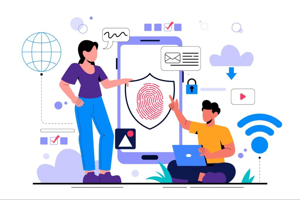 Illustration of digital age verification and online identity authentication showing a smartphone with a fingerprint security shield, users verifying identity through biometric authentication, secure login icons, cloud connectivity, and data protection symbols—representing modern age verification software tools used by websites and platforms to ensure safe, compliant, and secure online access in 2026.