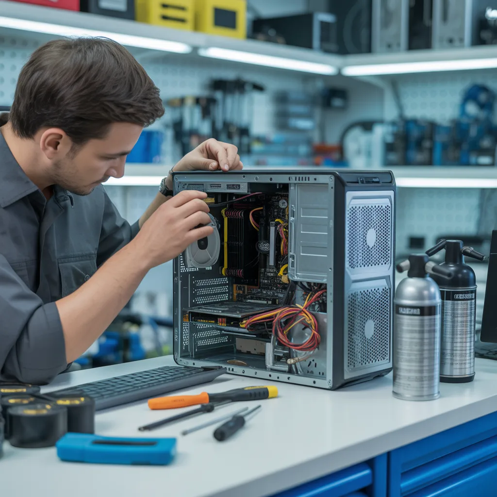 Professional technician servicing a desktop PC in a modern repair workshop, carefully cleaning internal components including CPU fan, RAM, motherboard, and power cables inside an open computer tower case. Tools such as screwdrivers, compressed air canisters, and maintenance equipment are placed on the workbench, highlighting routine PC maintenance, internal hardware inspection, dust cleaning, and preventive computer servicing for optimal performance and longevity.