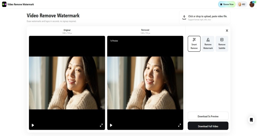 X-Design AI Watermark Remover: Original Video vs Watermark Removed Video Preview.