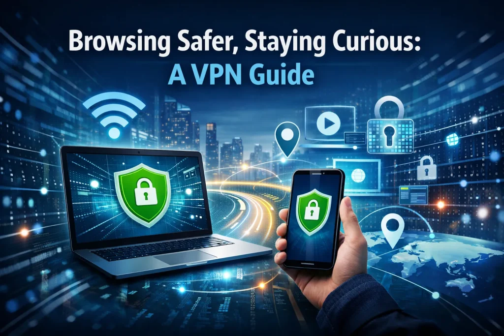 A laptop and smartphone protected by VPN security shields, connected through encrypted networks over a futuristic cityscape, representing safe and secure browsing on public Wi-Fi, online privacy protection, anonymous internet access and safe data transmission across global networks.