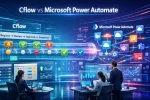 A visual comparison of Cflow vs Microsoft Power Automate highlighting workflow automation, task prioritization, approval routing, and process management for modern businesses.
