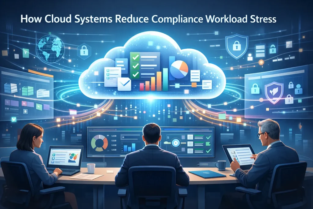 Cloud compliance automation dashboard centralizing financial data, audit trails, and regulatory controls into a unified cloud platform while finance and compliance professionals monitor real-time compliance metrics.