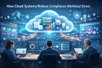 Cloud compliance automation dashboard centralizing financial data, audit trails, and regulatory controls into a unified cloud platform while finance and compliance professionals monitor real-time compliance metrics.