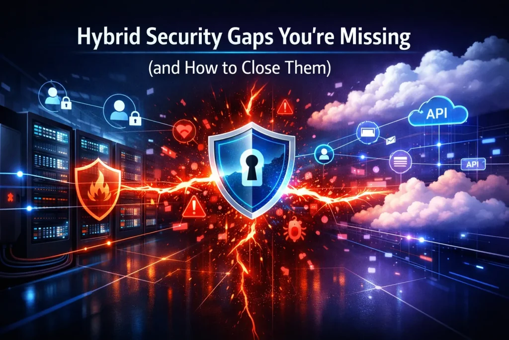 Hybrid IT security illustration showing on-premises data center and cloud environment split by a glowing security gap, with cyber threats attempting to breach while a zero-trust shield secures APIs, user access, and network connections.