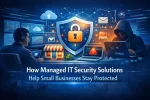 Modern digital illustration showing managed IT security solutions protecting small businesses, featuring a cybersecurity expert monitoring systems, a central shield with padlock symbol, cloud and network icons, and a hacker threat scenario, representing 24/7 monitoring, endpoint protection, and threat detection in a professional tech environment.