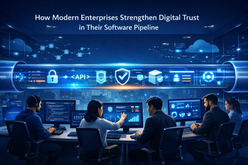 Futuristic enterprise DevSecOps command center featuring a transparent digital software pipeline with glowing code, secure API integrations, authentication lock symbols, verified third-party components with shield icons, and cybersecurity professionals monitoring real-time dashboards, CI/CD workflows, identity access controls, and cloud-based security alerts to strengthen digital trust.