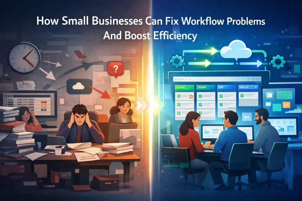 Modern illustration of small business workflow optimization showing transition from chaotic manual processes with paperwork and delays to streamlined digital automation with dashboards, task boards, and cloud-based tools improving efficiency and productivity.