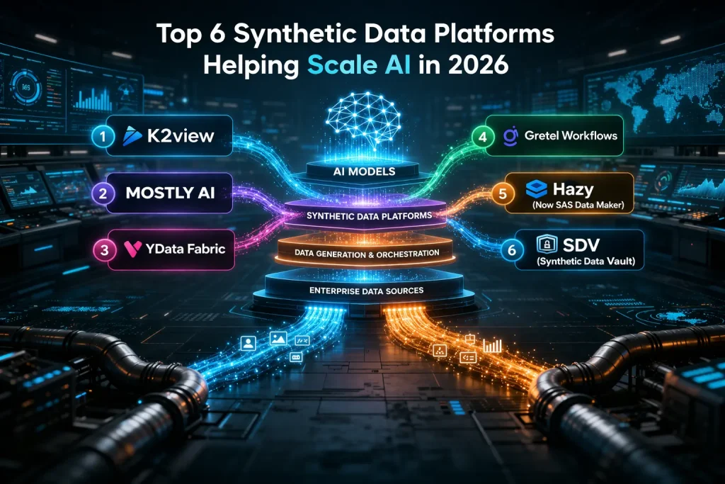 Futuristic visualization of the top six synthetic data platforms in 2026—K2view, MOSTLY AI, YData Fabric, Gretel Workflows, Hazy (SAS Data Maker), and SDV—showing layered architecture with glowing data pipelines feeding AI models, representing synthetic data generation, orchestration, and scalable enterprise AI infrastructure in a high-tech command center environment.