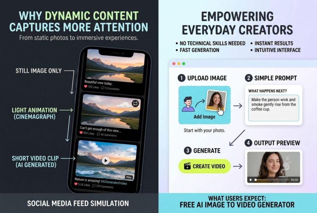 Dynamic Content Captures More Attention. From Static Photos to Immersive Experiences. Social Media Likes for Still Image Only vs Light Animation (Cinemagraph) vs Short Video Clip (Al Generated). AI Picture Animation Empowering Everyday Creators. AI Image to Video Generator.