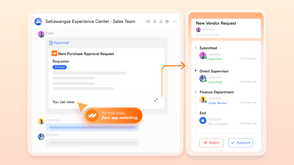 Lark Approval workflow interface showing multi-step approval process with status tracking, supervisor review, finance validation, and real-time decision-making for efficient business operations and performance evaluation.