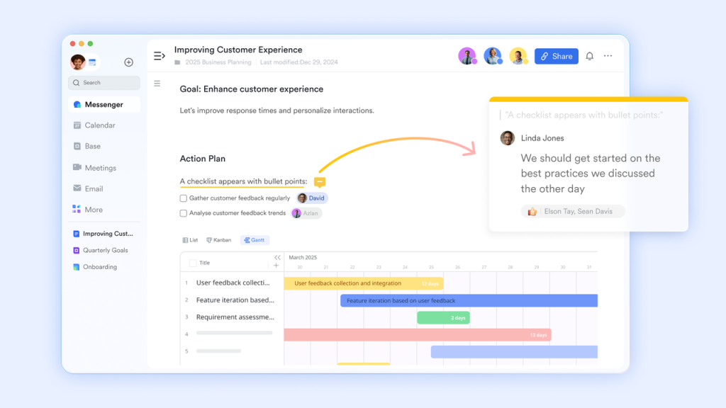 Lark Docs interface displaying real-time collaboration with comment threads, @mentions, comment threads, and version history tracking for continuous feedback and performance documentation within team workflows.
