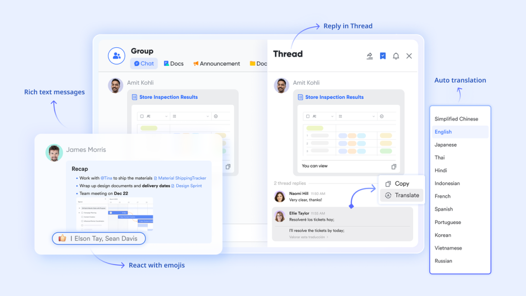 Lark Messenger interface displaying team chat, threaded conversations, emoji reactions, translation features, and real-time communication tools supporting continuous feedback and collaborative team engagement.