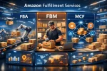 Amazon fulfillment services showing FBA automated warehouse with robots and drones, FBM manual packaging by a seller, and MCF multi-channel distribution with connected e-commerce platforms, featuring digital dashboards, analytics overlays, and smart logistics environment.