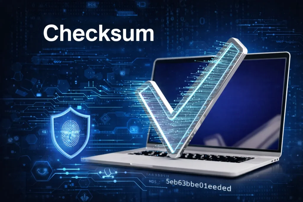 Checksum concept illustrated with a glowing digital checkmark hovering over a laptop, representing data integrity verification, hash validation, and secure file transfer using algorithms like MD5 and SHA-256 in a futuristic cybersecurity environment.