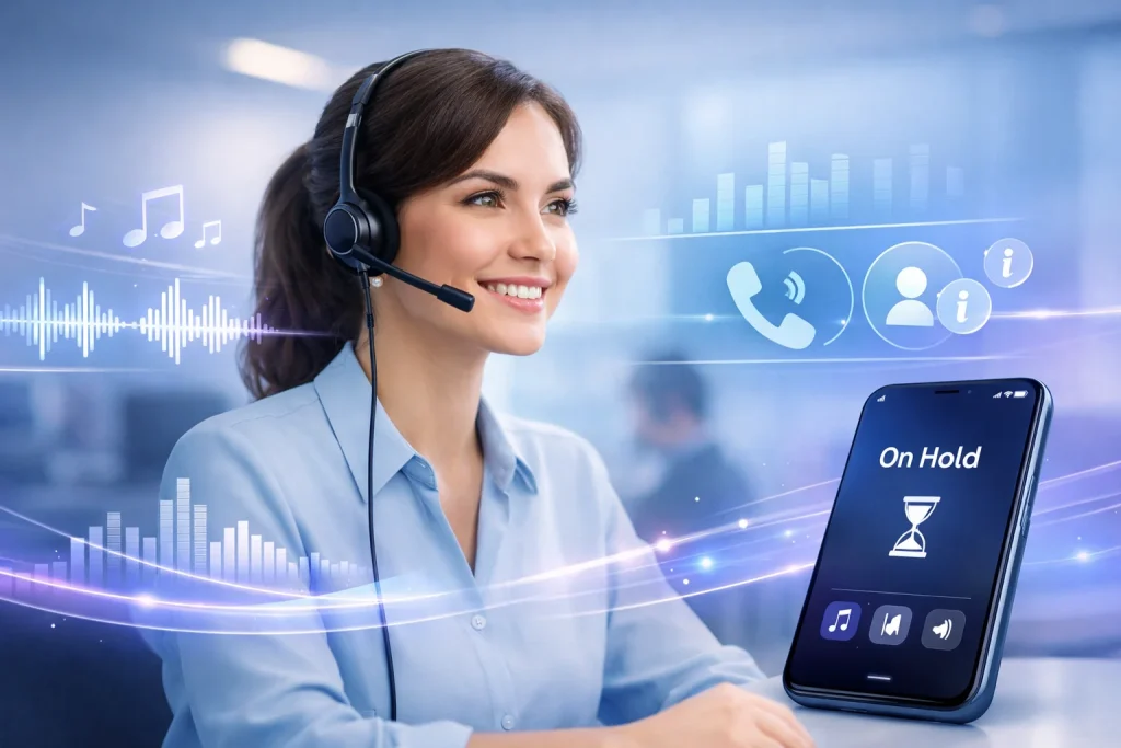 Professional customer service agent wearing a headset in a modern office with digital audio waveforms and call interface showing on hold status, illustrating how custom hold audio improves caller experience, reduces perceived wait times, and enhances business communication.