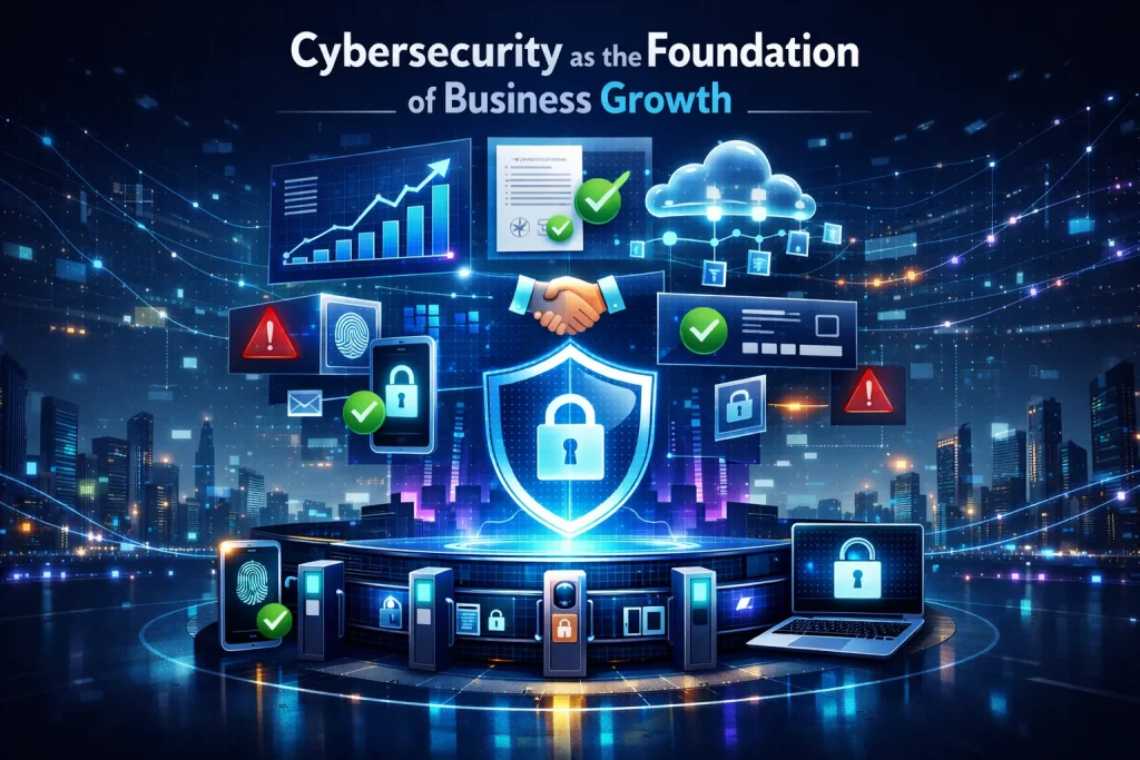 Futuristic visualization of cybersecurity as the foundation of business growth, featuring a secure digital core, Zero Trust architecture, MFA verification layers, and scalable enterprise systems with data analytics dashboards and cloud infrastructure.