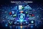Futuristic visualization of cybersecurity as the foundation of business growth, featuring a secure digital core, Zero Trust architecture, MFA verification layers, and scalable enterprise systems with data analytics dashboards and cloud infrastructure.