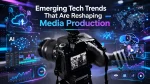 Grayscale DSLR camera in foreground surrounded by futuristic holographic UI elements showing AI editing, cloud workflows, virtual production, remote broadcasting, immersive media, and data analytics representing emerging tech trends reshaping media production.