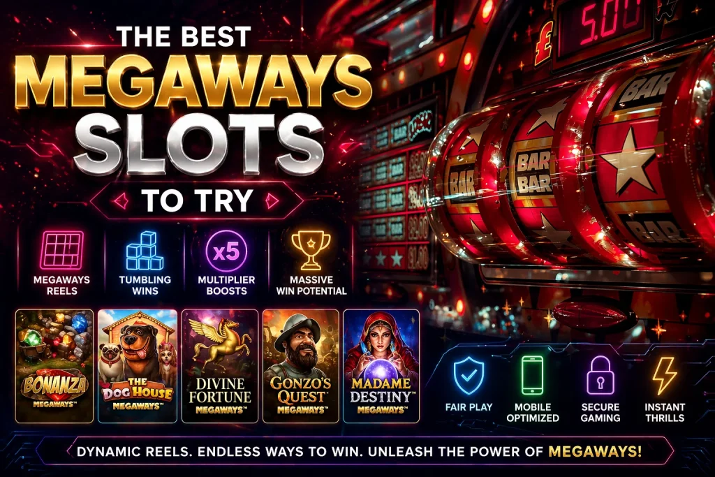 High-energy Megaways slots featured image showing a close-up arcade slot machine with bar and star symbols, combined with neon UI elements highlighting tumbling wins, multipliers, and top Megaways slot games for tech-savvy casino players. The left side displays bold neon text reading: The Best Megaways Slots to Try. Below are feature highlights labeled Megaways Reels, Tumbling Wins, x5 Multiplier Boosts, and Massive Win Potential. The image also showcases popular Megaways slots titles including: Bonanza Megaways, The Dog House Megaways, Divine Fortune Megaways, Gonzo Quest Megaways, and Madame Destiny Megaways. Additional icons indicate: Fair Play, Mobile Optimized, Secure Gaming, and Instant Thrills. A tagline at the bottom reads: Dynamic Reels. Endless Ways to Win. Unleash the Power of Megaways! with a futuristic neon casino aesthetic designed for tech-savvy online slot players.