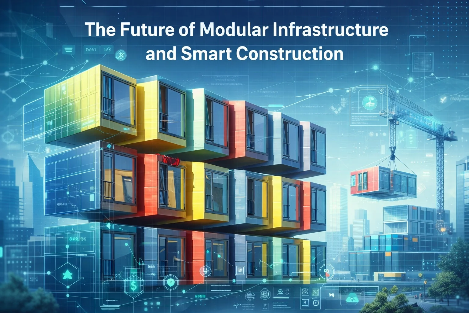 Futuristic modular infrastructure visualization featuring a colorful modular apartment facade (Copenhagen, Denmark) with prefabricated building modules, holographic construction overlays, smart city background, and scalable modular construction systems representing modern prefabrication technology and adaptive infrastructure.
