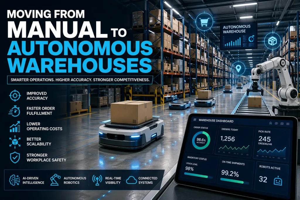 Futuristic autonomous warehouse featuring AI-powered mobile robots transporting cardboard boxes, robotic arm sorting packages on conveyor belt, smart warehouse dashboard displaying real-time analytics (98.6% accuracy, 1,256 orders, 245 orders/hr, 99.2% on-time shipments, 32 robots active), high-density storage racks filled with inventory, blue digital tracking lines on floor, and holographic UI icons representing inventory tracking, logistics, and automation; overlay text reads Moving From Manual to Autonomous Warehouses with benefits like improved accuracy, faster order fulfillment, lower operating costs, better scalability, stronger workplace safety, AI-driven intelligence, autonomous robotics, real-time visibility, and connected systems in a modern supply chain environment.