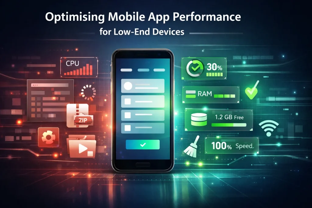 Modern futuristic illustration of a budget smartphone showing optimized vs unoptimized mobile app performance, featuring CPU, RAM, storage metrics, lightweight UI design, data compression, and network optimization in a tech environment.