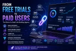 A futuristic SaaS marketing dashboard illustrating the conversion journey from free trial users to paid customers, featuring analytics charts, domain authority metrics, backlink strategy visuals, and link-building elements like tech publications, SaaS directories, and guest posting. The scene highlights organic traffic growth, reduced CAC, and increased MRR through strategic SaaS link building agency services, set in a modern tech interface with glowing UI elements and data visualizations.