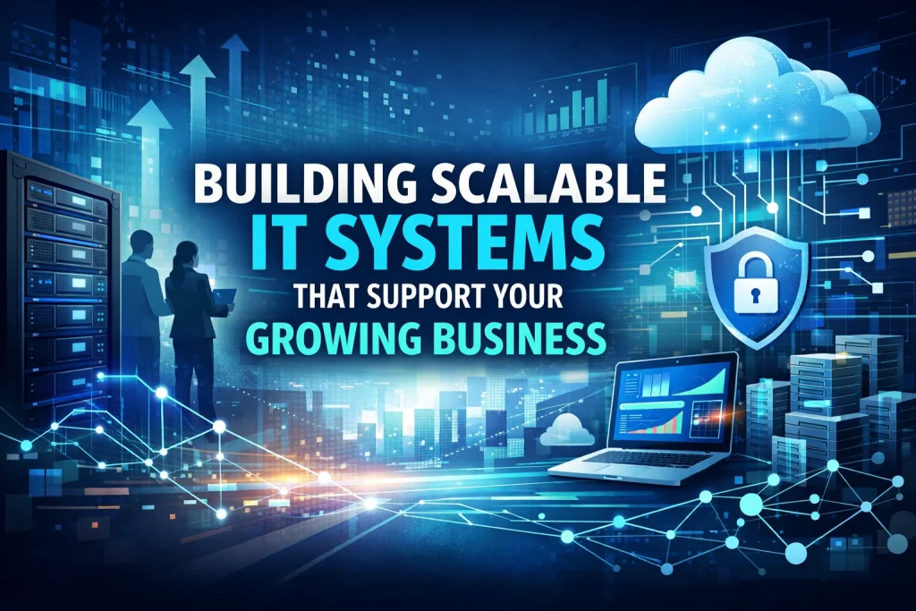 A modern digital illustration showcasing scalable IT systems for business growth, featuring cloud computing infrastructure, secure data networks, server racks, and analytics dashboards with upward growth indicators, symbolizing flexible architecture, cybersecurity, and enterprise scalability in a futuristic tech environment.