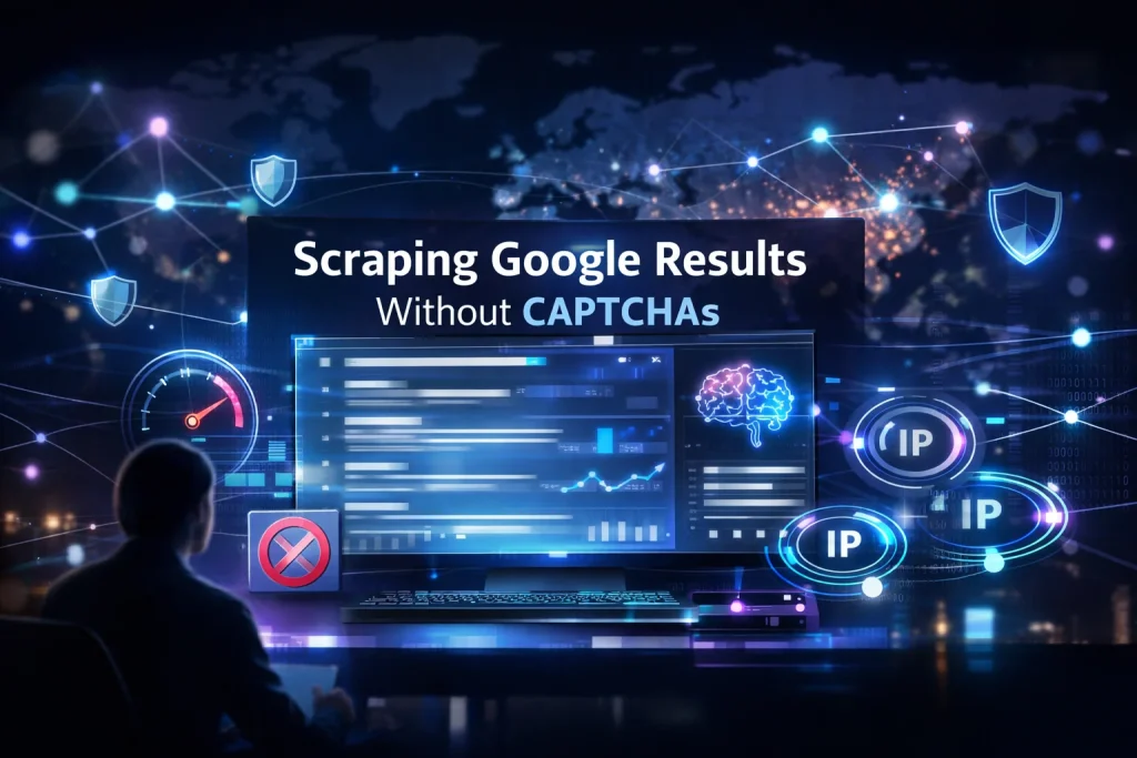 Futuristic dashboard visualizing scraping Google search results without CAPTCHAs using rotating residential proxies, AI automation, and secure data extraction techniques.