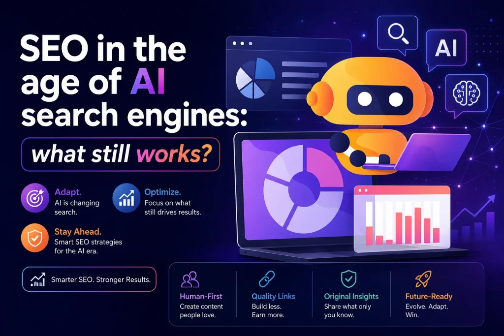 AI-powered SEO illustration showing a futuristic robot analyzing data on a laptop with charts and graphs, surrounded by digital UI elements like search icons, AI symbols, and analytics dashboards. The image includes the headline SEO in the age of AI search engines: what still works? along with key messages such as Adapt. AI is changing search, Optimize. Focus on what still drives results, and Stay Ahead. Smart SEO strategies for the AI era. Additional highlights include Smarter SEO. Stronger Results, Human-First: Create content people love, Quality Links: Build less. Earn more, Original Insights: Share what only you know, and Future-Ready: Evolve. Adapt. Win. The visual uses a dark futuristic background with neon blue, purple, and orange gradients representing AI-driven search, digital marketing, and modern SEO strategies.