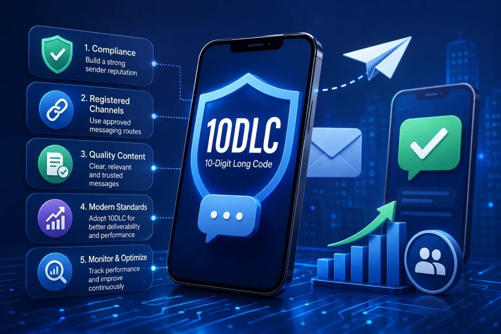 Smartphone displaying 10DLC (10-Digit Long Code) on a glowing shield icon, symbolizing secure and compliant business SMS messaging. The image features a dark blue tech-themed background with connected digital interface panels highlighting five SMS deliverability strategies: compliance, registered messaging channels, quality content, modern messaging standards, and performance monitoring. The overall image emphasizes secure SMS infrastructure, carrier-approved messaging routes, customer trust, and improved SMS deliverability for modern businesses.