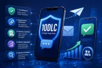Smartphone displaying 10DLC (10-Digit Long Code) on a glowing shield icon, symbolizing secure and compliant business SMS messaging. The image features a dark blue tech-themed background with connected digital interface panels highlighting five SMS deliverability strategies: compliance, registered messaging channels, quality content, modern messaging standards, and performance monitoring. The overall image emphasizes secure SMS infrastructure, carrier-approved messaging routes, customer trust, and improved SMS deliverability for modern businesses.