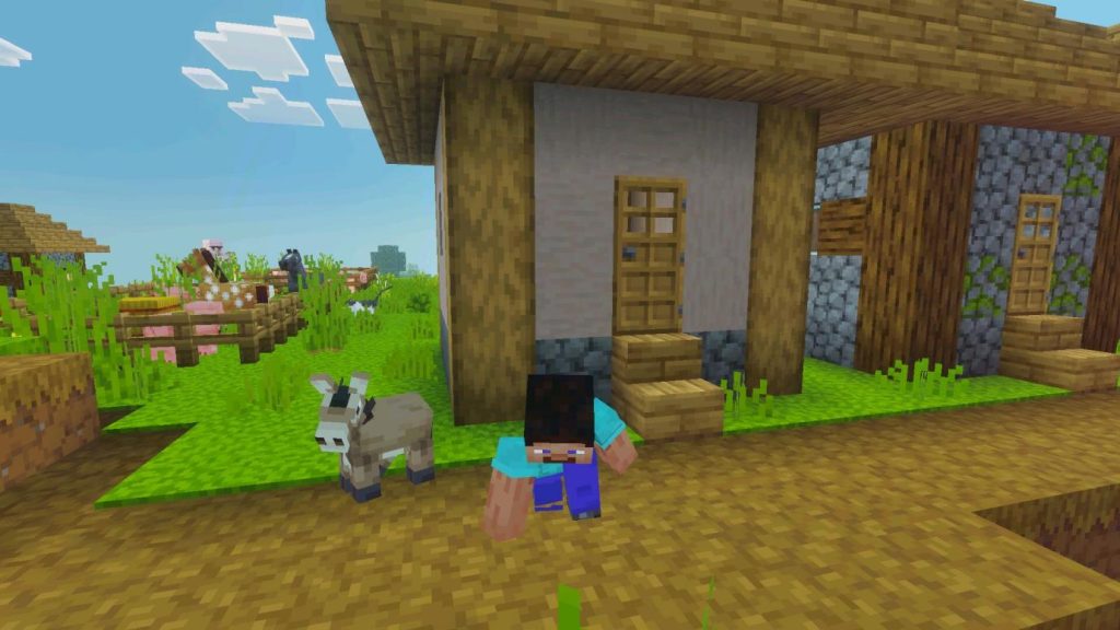 gameplay screenshot from Minecraft featuring the character Steve in the foreground, looking forward while crouching on a dirt path next to a small donkey near a wooden village house, showcasing the blocky, pixelated style of the Action and Stuff 1.11 and 1.12 Texture Pack in Minecraft.