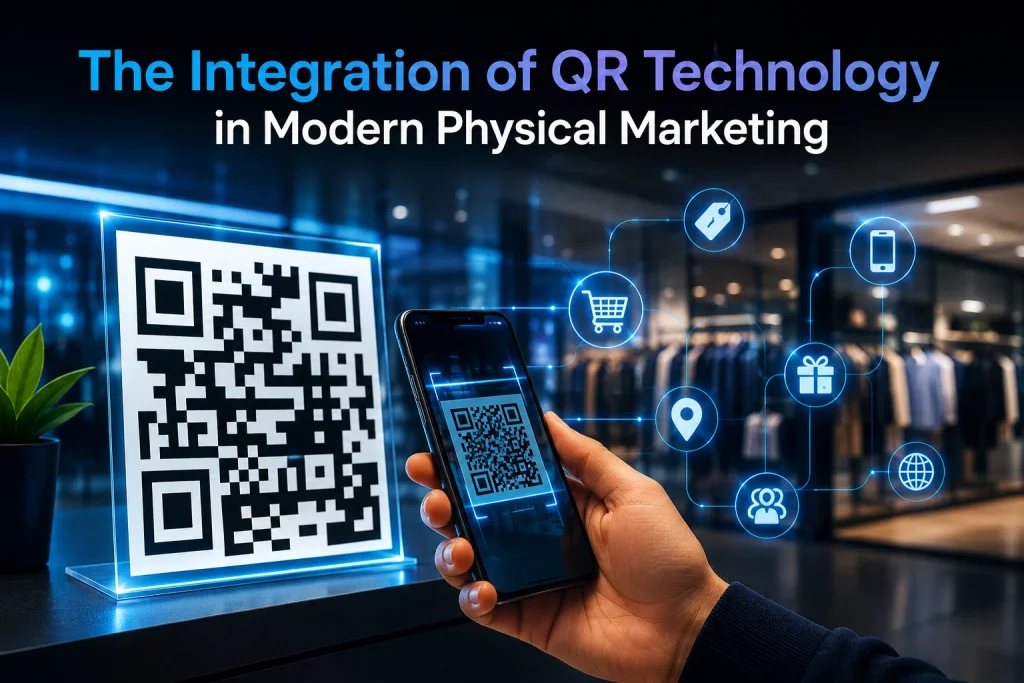 A futuristic retail marketing environment featuring a prominently displayed QR code being scanned by a smartphone. Digital commerce, customer engagement, analytics, location, and mobile interaction icons surround the scene, illustrating how QR technology connects physical marketing materials with digital experiences, omnichannel engagement, customer convenience, and real-time marketing analytics.