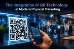 A futuristic retail marketing environment featuring a prominently displayed QR code being scanned by a smartphone. Digital commerce, customer engagement, analytics, location, and mobile interaction icons surround the scene, illustrating how QR technology connects physical marketing materials with digital experiences, omnichannel engagement, customer convenience, and real-time marketing analytics.