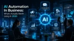 AI automation in business featured image showing a glowing central AI neural hub connected through holographic digital lines to five smart business automation modules including customer service AI chatbots, marketing automation, workflow automation, data analytics and insights, and cybersecurity automation. The scene features realistic business professionals inside a sleek modern corporate office interacting with transparent AI-powered interfaces and digital dashboards. The headline reads- AI Automation in Business: What’s Actually Worth Using in 2026.
