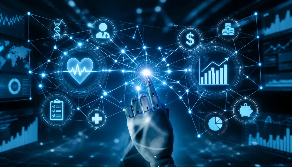 Futuristic artificial intelligence robot hand interacting with a glowing digital interface, connecting healthcare and financial planning data through a neural network. Holographic icons including a heartbeat waveform, DNA helix, medical records, financial charts, currency symbols, and growth graphs are linked across a blue high-tech background, representing AI-driven insights, predictive analytics, and integrated decision-making in healthcare and finance.
